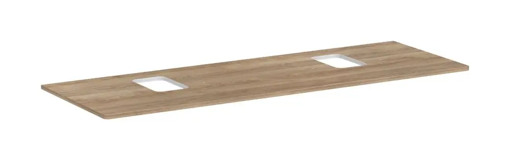 Holzplatte in Eiche Natur mit zwei rechteckigen Ausschnitten, geeignet für eine Konsolenmontage. Produkt von Hansgrohe, minimalistisch designt.